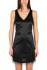 SHORT SLEEVELESS DRESS IN SATIN AND BLACK FEATHERS