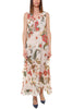 LONG DRESS IN PRINTED CREPE WITH BEIGE RUFFLES