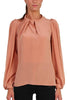 CREW NECK PURE SILK BLOUSE WITH PUFF SLEEVES PINK