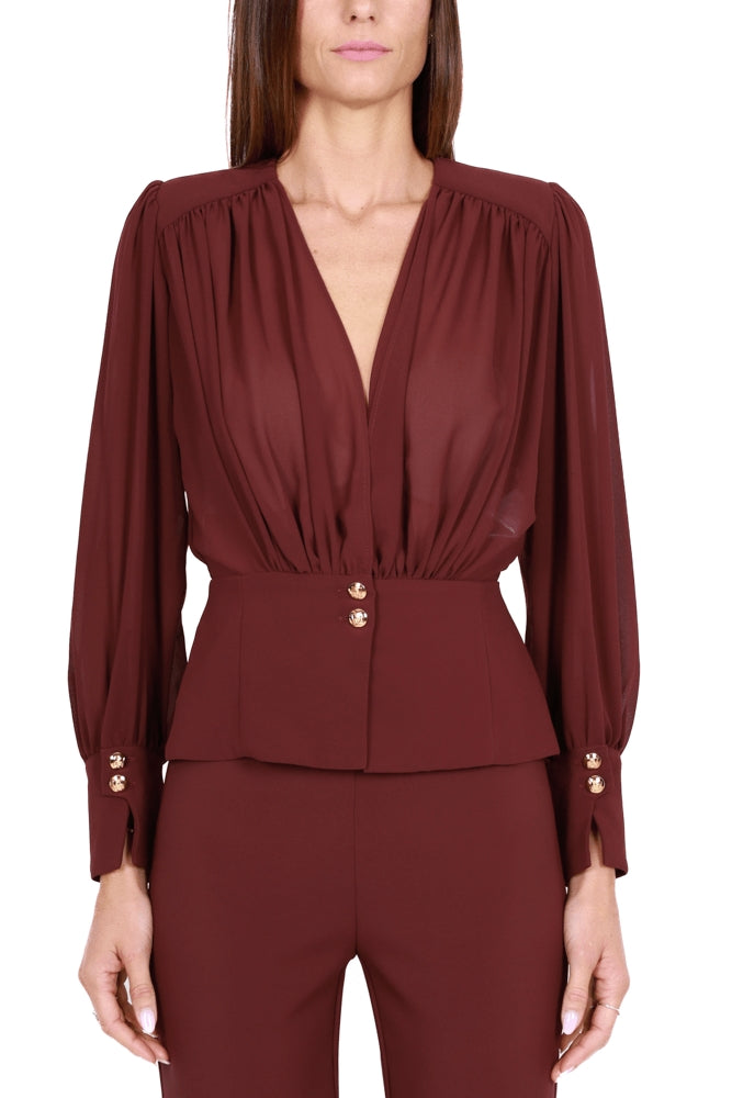 Elisabetta Franchi blusa in georgette con scollo incrociato bordeaux