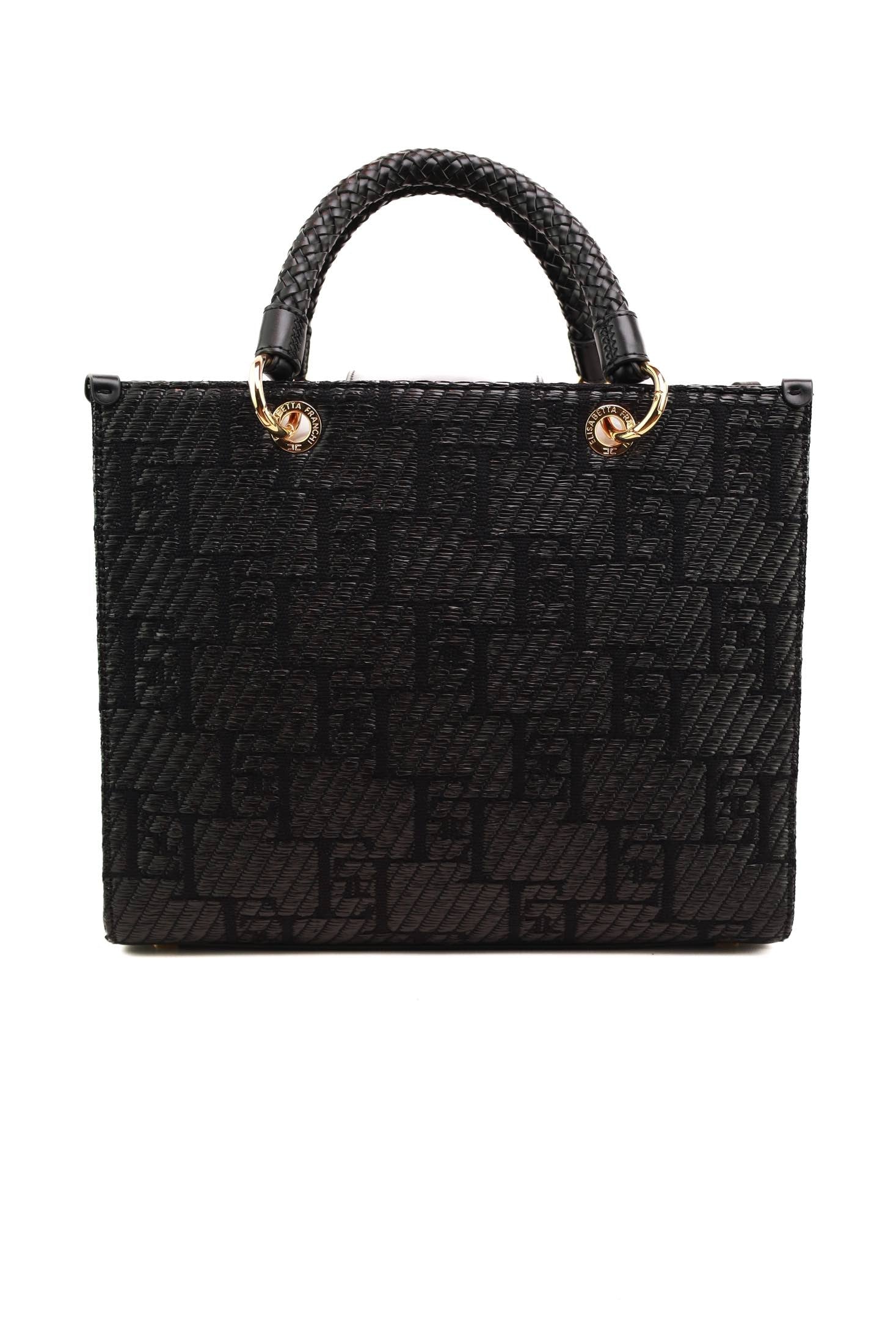 Elisabetta Franchi borsa shopper media in rafia con logo jacquard nero