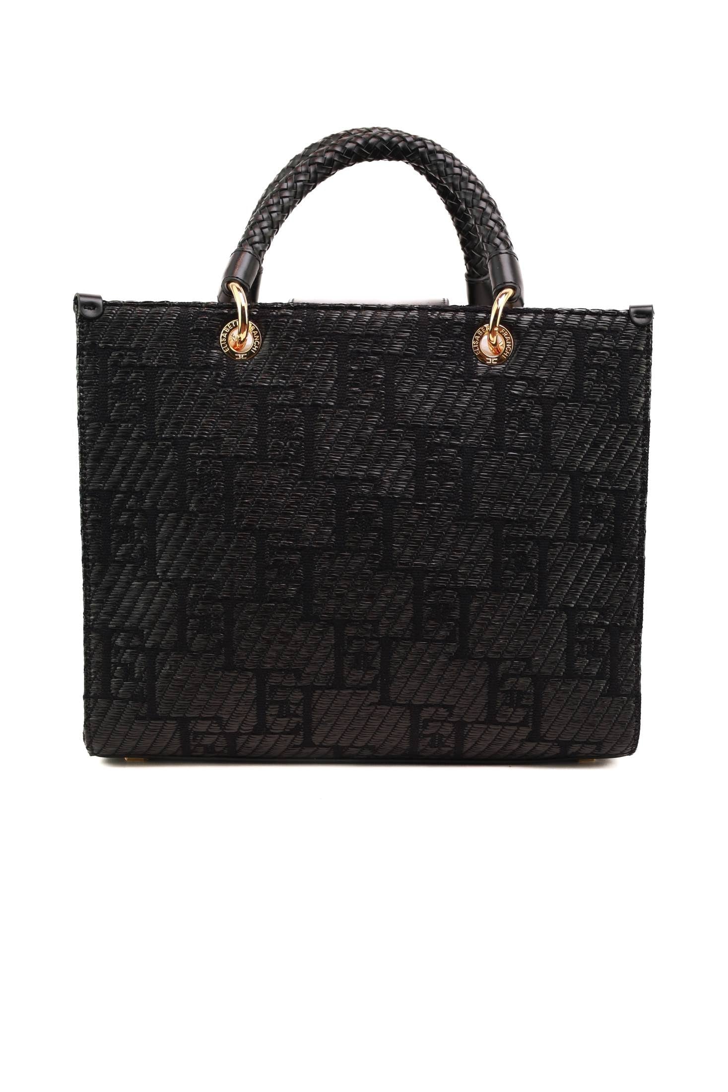 Elisabetta Franchi borsa shopper media in rafia con logo jacquard nero