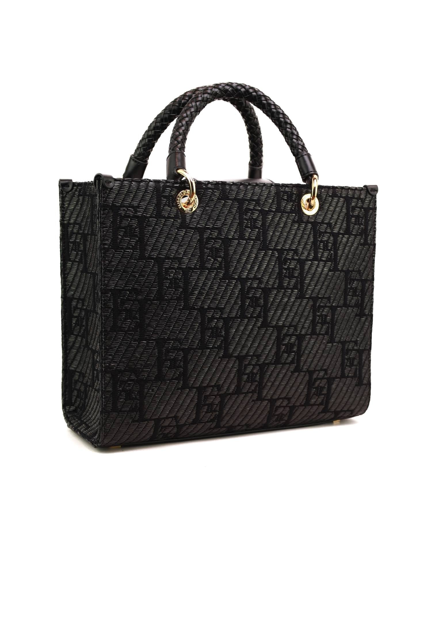 Elisabetta Franchi borsa shopper media in rafia con logo jacquard nero