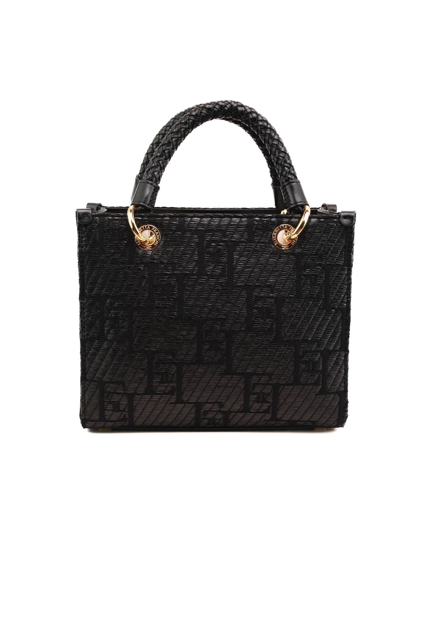 Elisabetta Franchi borsa shopper piccola in rafia con logo jacquard nero