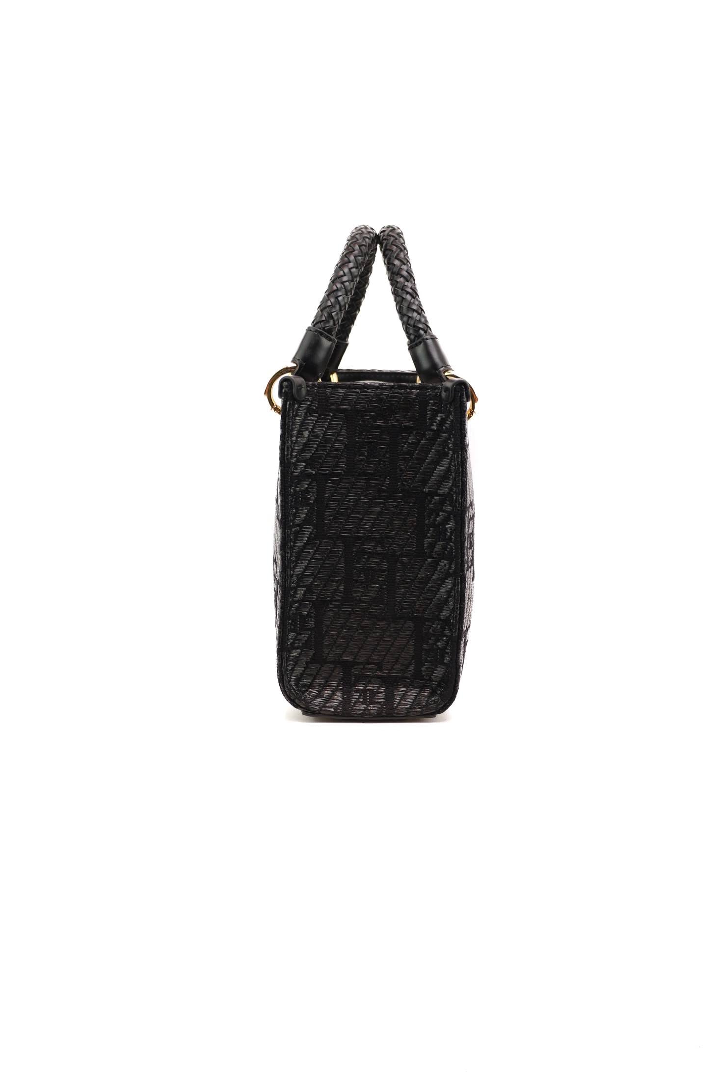 Elisabetta Franchi borsa shopper piccola in rafia con logo jacquard nero