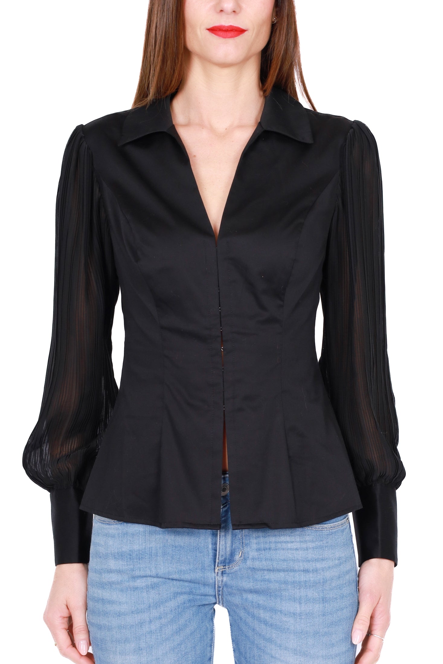 Guess Donna camicia con maniche di tulle plisse nero