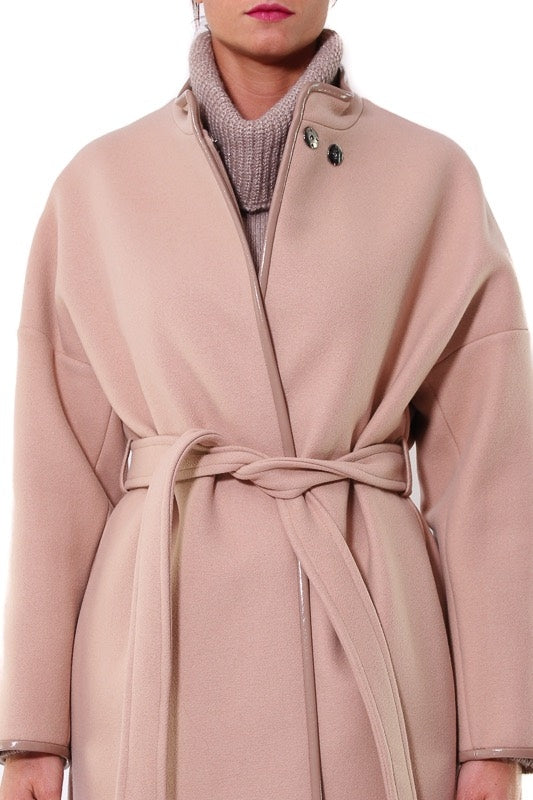 Pinko cappotto in panno con profili di ecopelle rosa