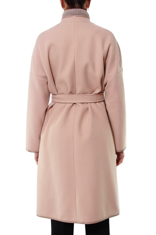 Pinko cappotto in panno con profili di ecopelle rosa