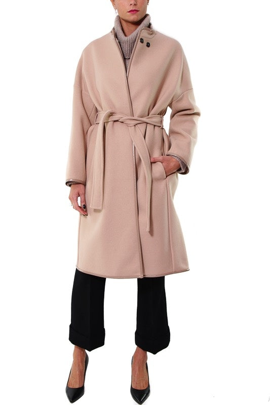 Pinko cappotto in panno con profili di ecopelle rosa