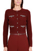 CREW NECK CARDIGAN IN BORDEAUX BOUCLE WOOL