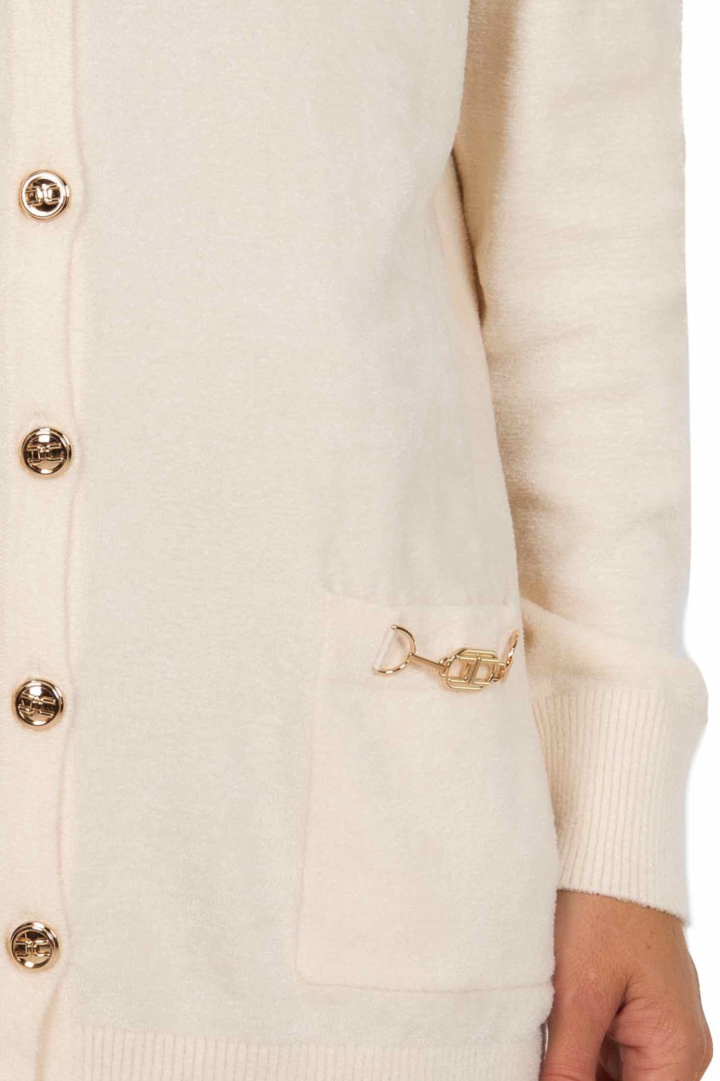 Elisabetta Franchi cardigan lungo in ciniglia con morsetto burro