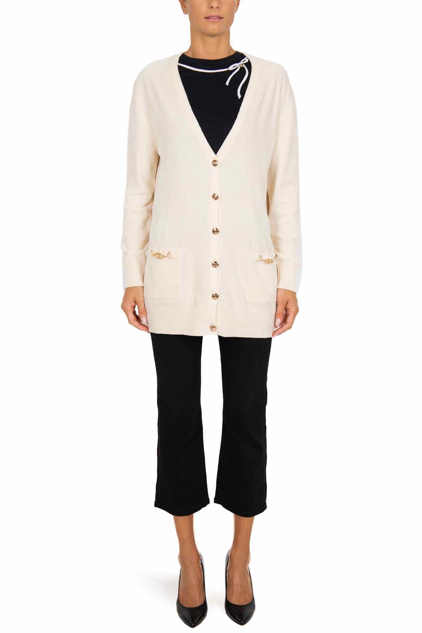 Elisabetta Franchi cardigan lungo in ciniglia con morsetto burro