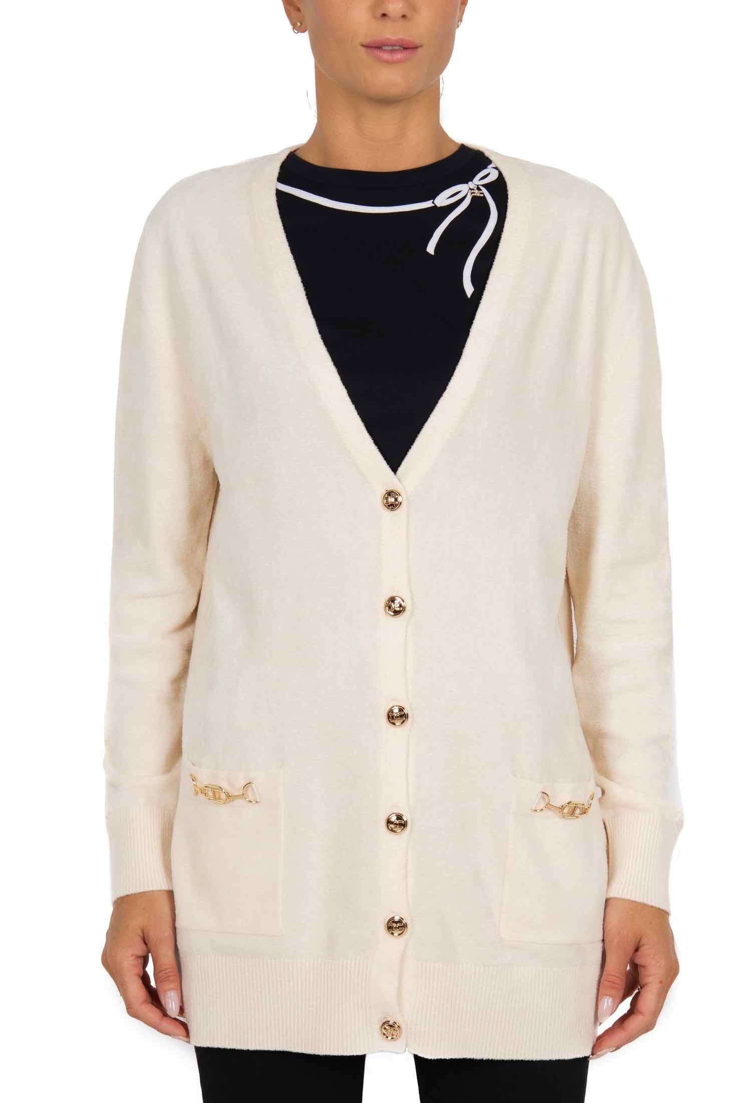 Elisabetta Franchi cardigan lungo in ciniglia con morsetto burro