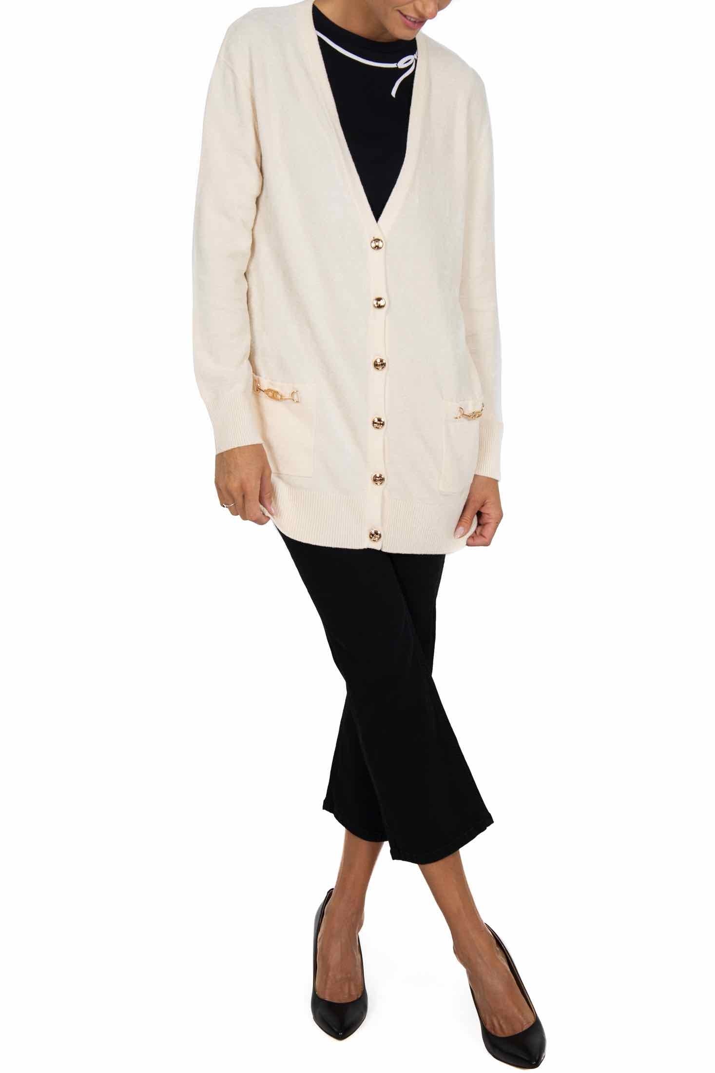 Elisabetta Franchi cardigan lungo in ciniglia con morsetto burro