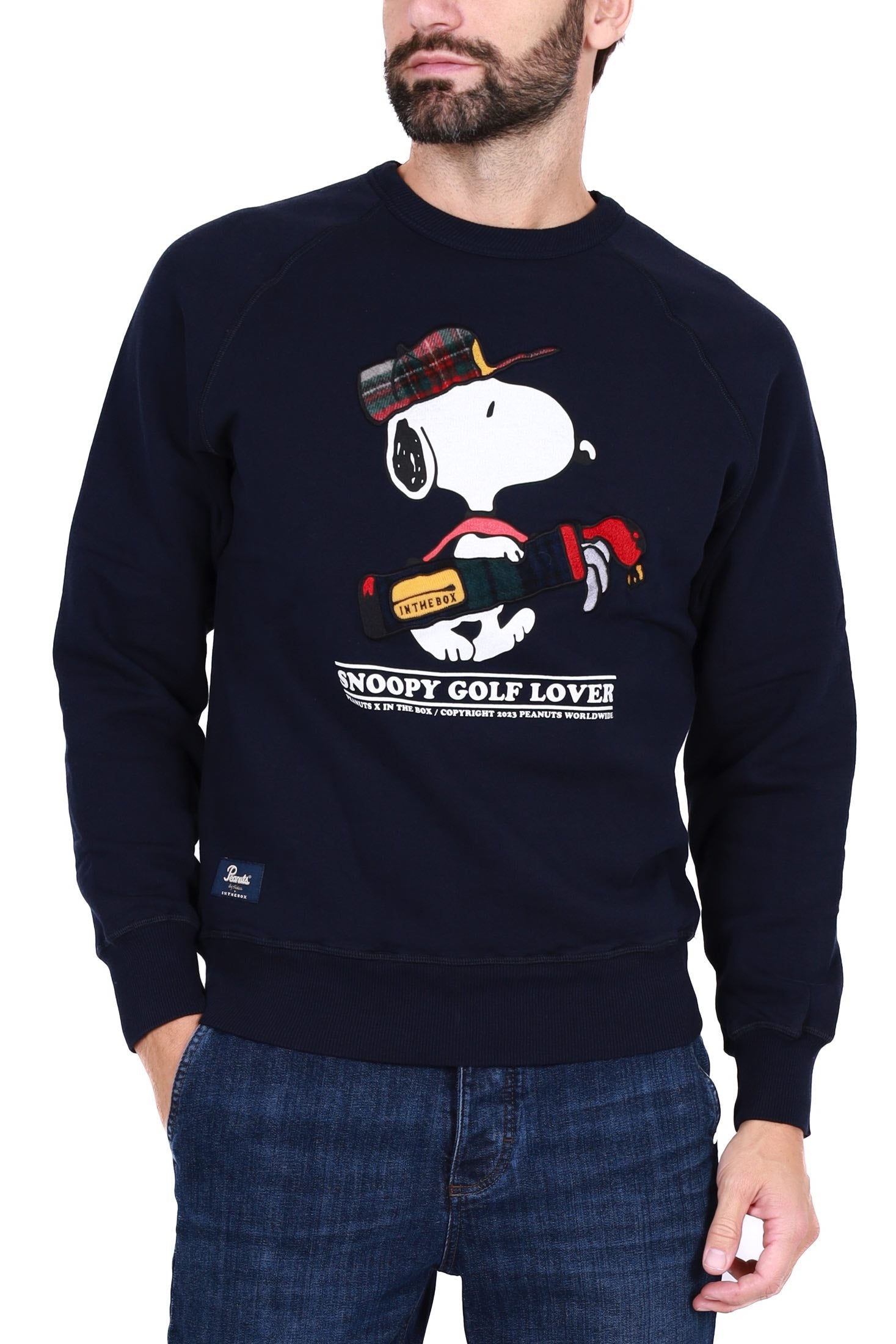 In the Box felpa uomo girocollo con patch snoopy blu