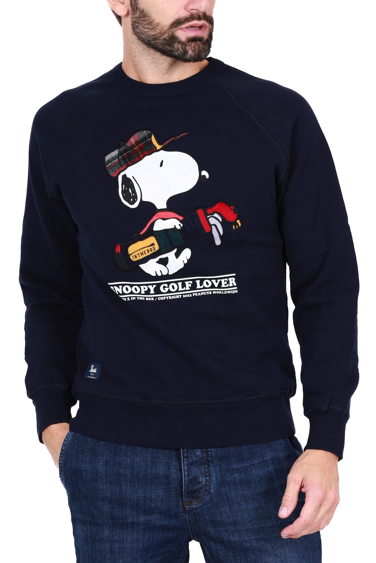 In the Box felpa uomo girocollo con patch snoopy blu