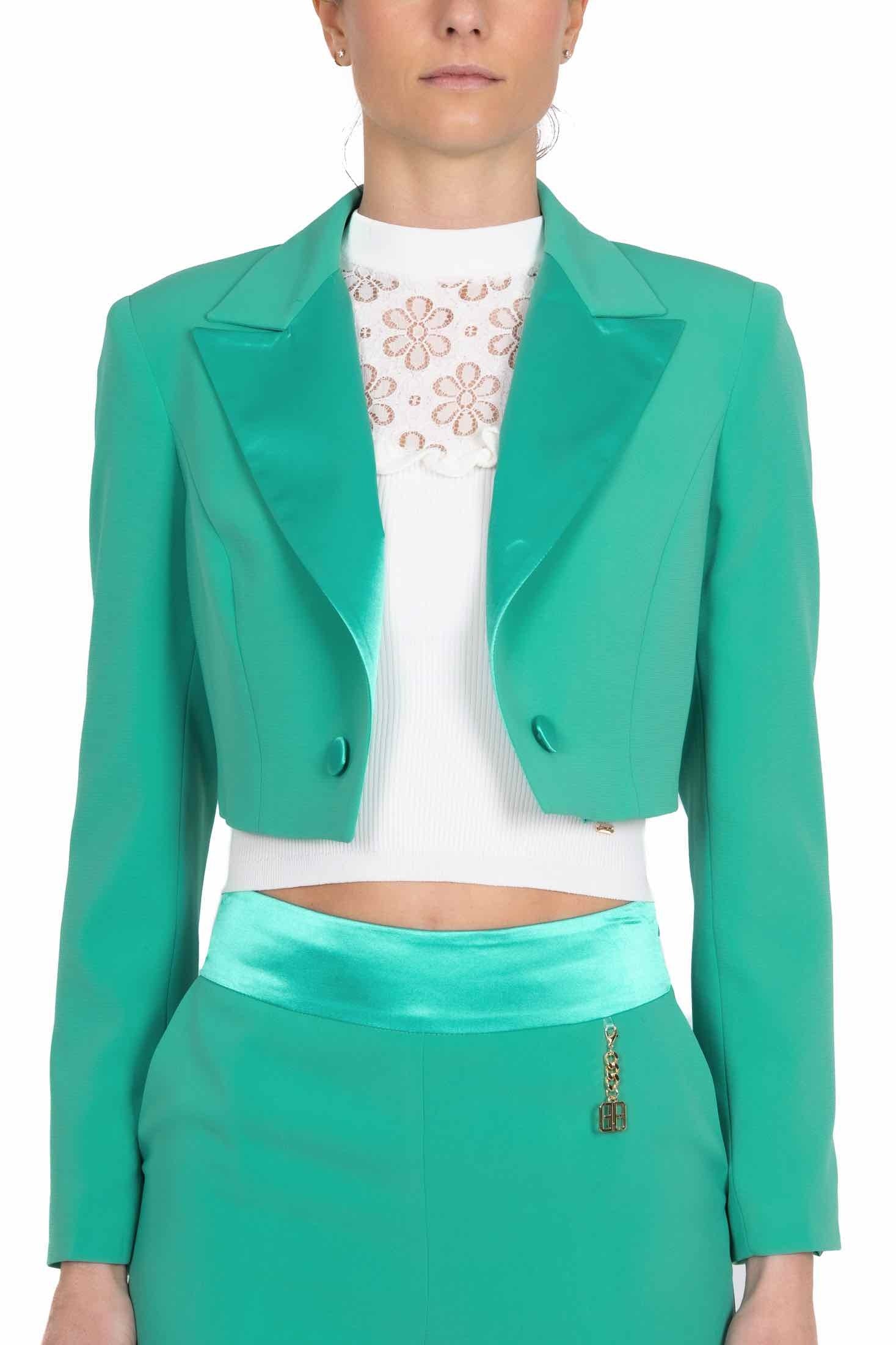 Fracomina giacca blazer corta con revers di raso verde