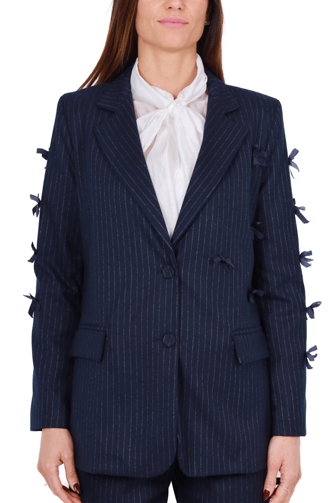 Dixie giacca blazer gessata con fiocchi blu