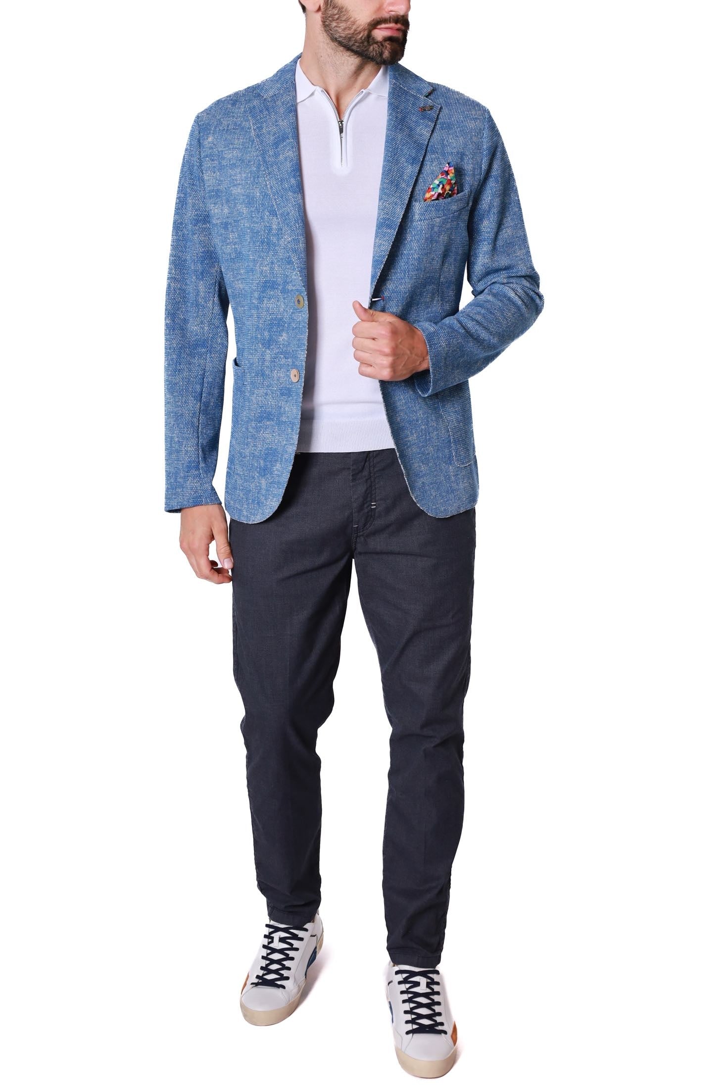 Bob giacca blazer monopetto in misto cotone stretch bluette