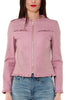 PERFORATED ECO-LEATHER JACKET WITH LILAC RUFFLES