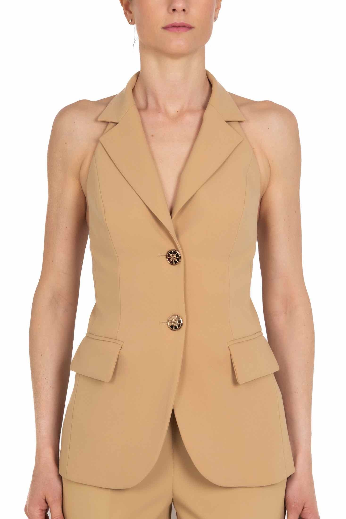 Elisabetta Franchi giacca smanicata in crepe cammello