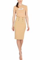 Elisabetta Franchi gonna longuette in doppio crepe stretch cammello