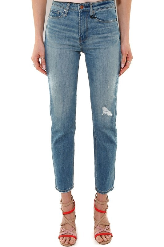 Guess Donna jeans a vita alta gamba dritta con strappo blu