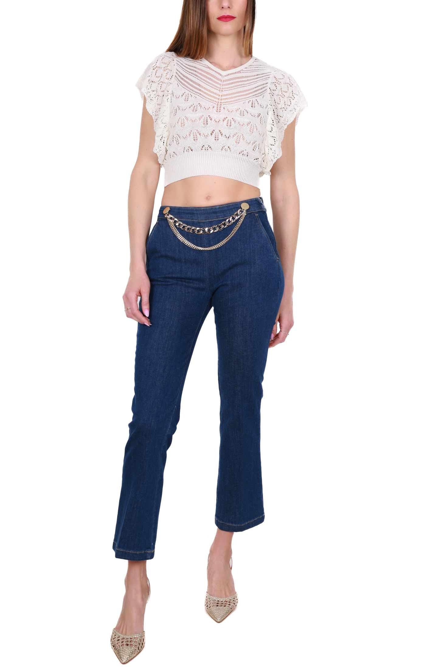 Blu Denim jeans boot cut con catena gioiello blu