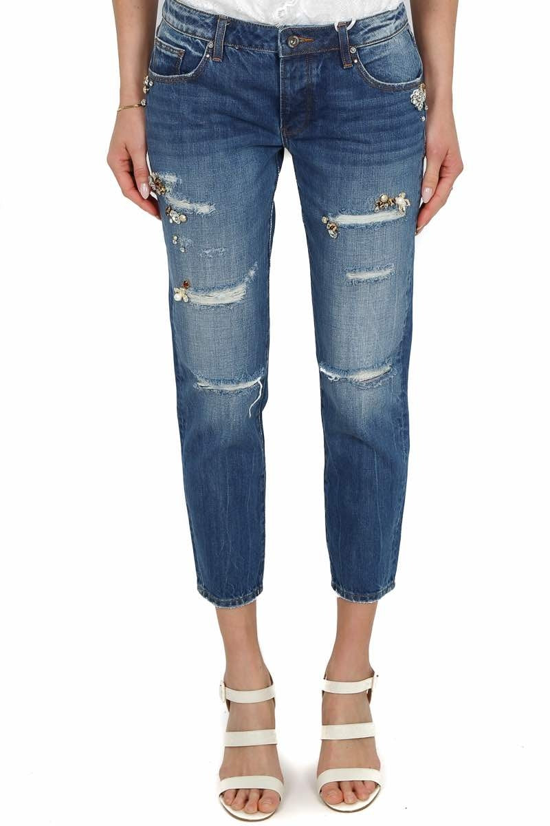 Fracomina jeans boyfriend strappati con pietre gioiello blu