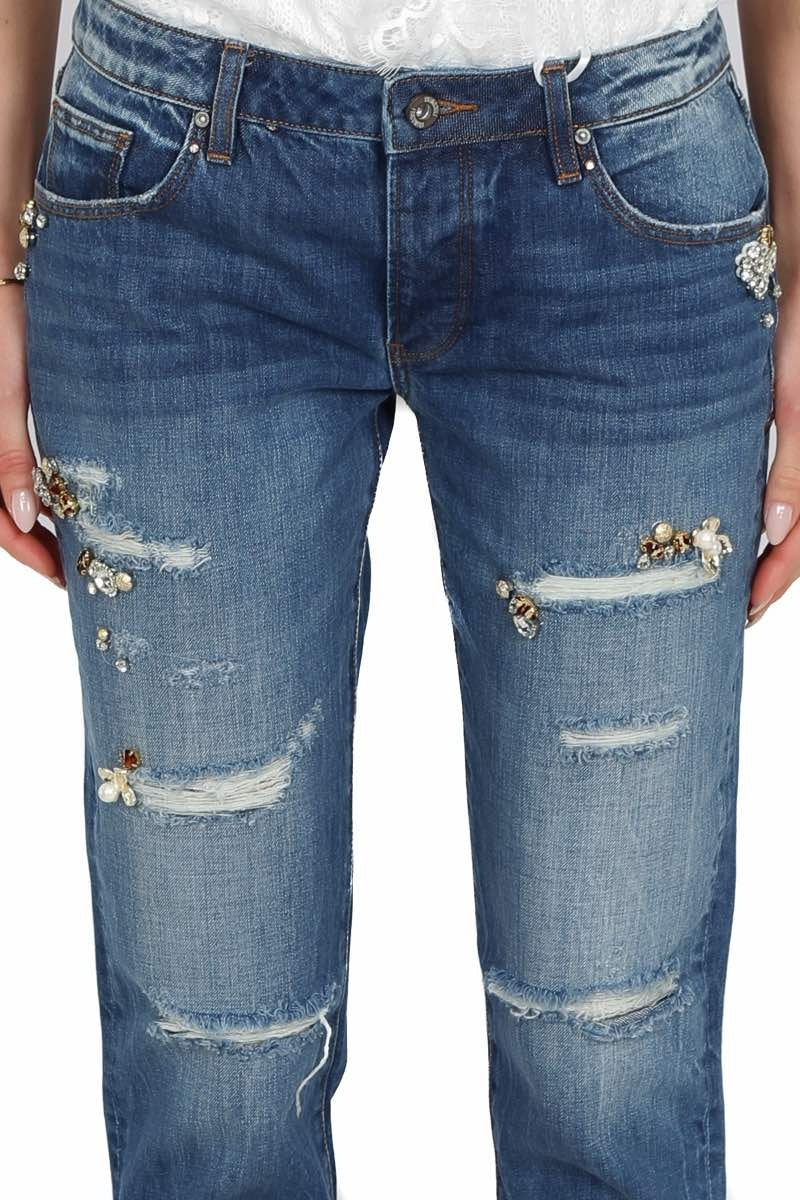 Fracomina jeans boyfriend strappati con pietre gioiello blu