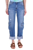 Please jeans cargo in tela denim con rotture blu