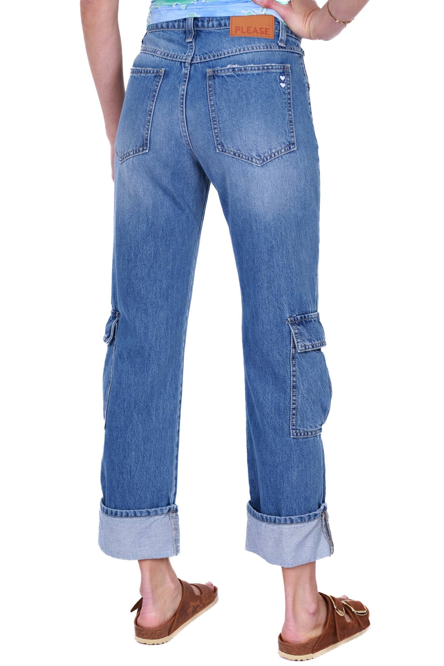 Please jeans cargo in tela denim con rotture blu