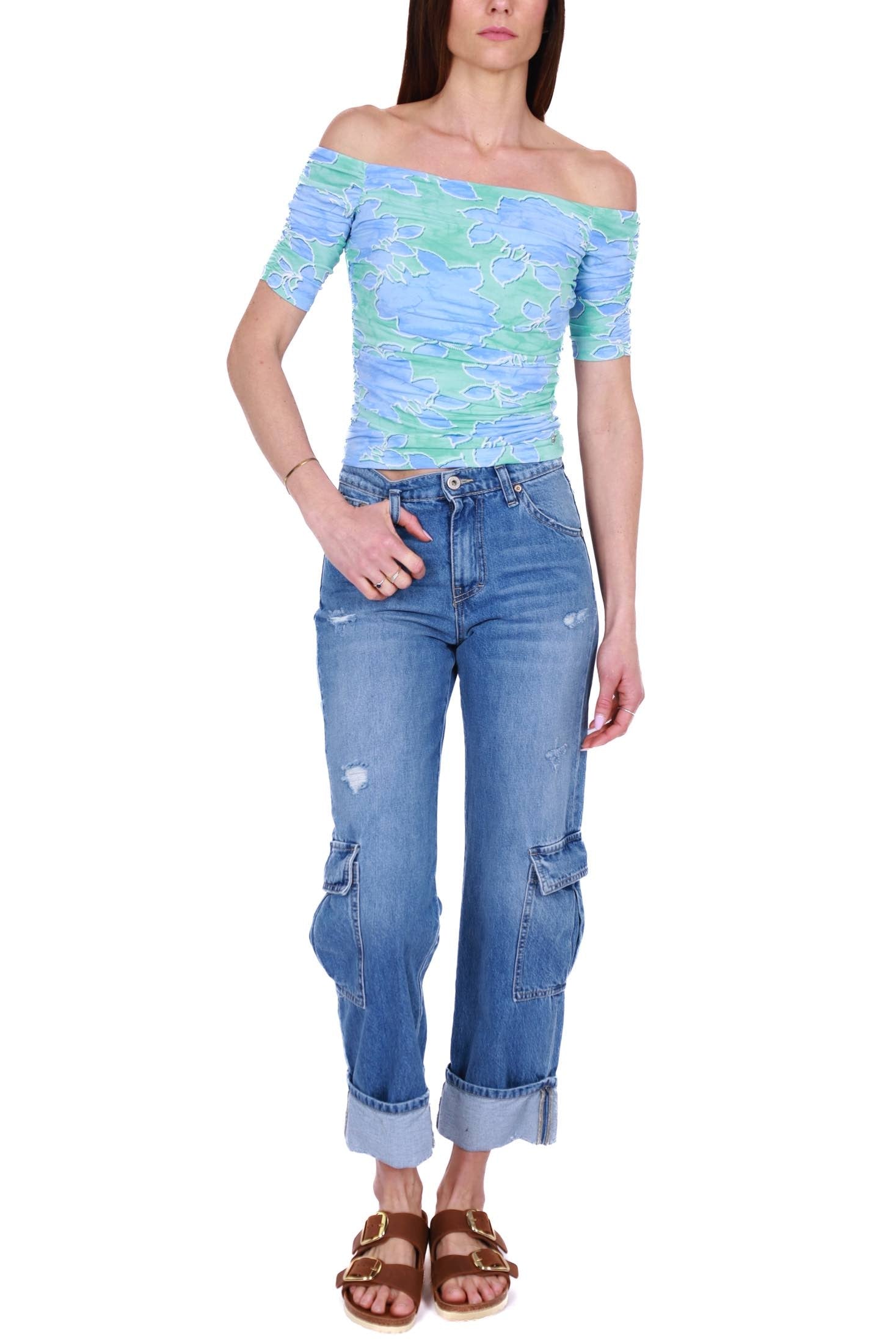 Please jeans cargo in tela denim con rotture blu