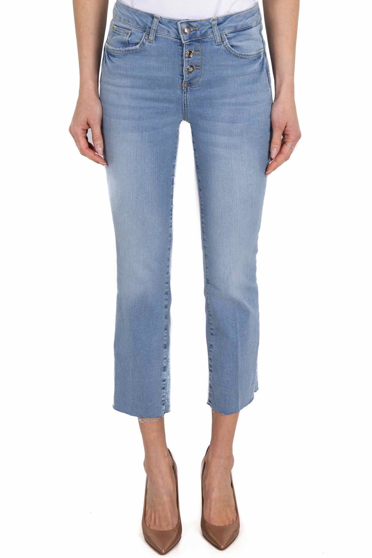 Blu Denim jeans flared cropped con bottoni a vista azzurro