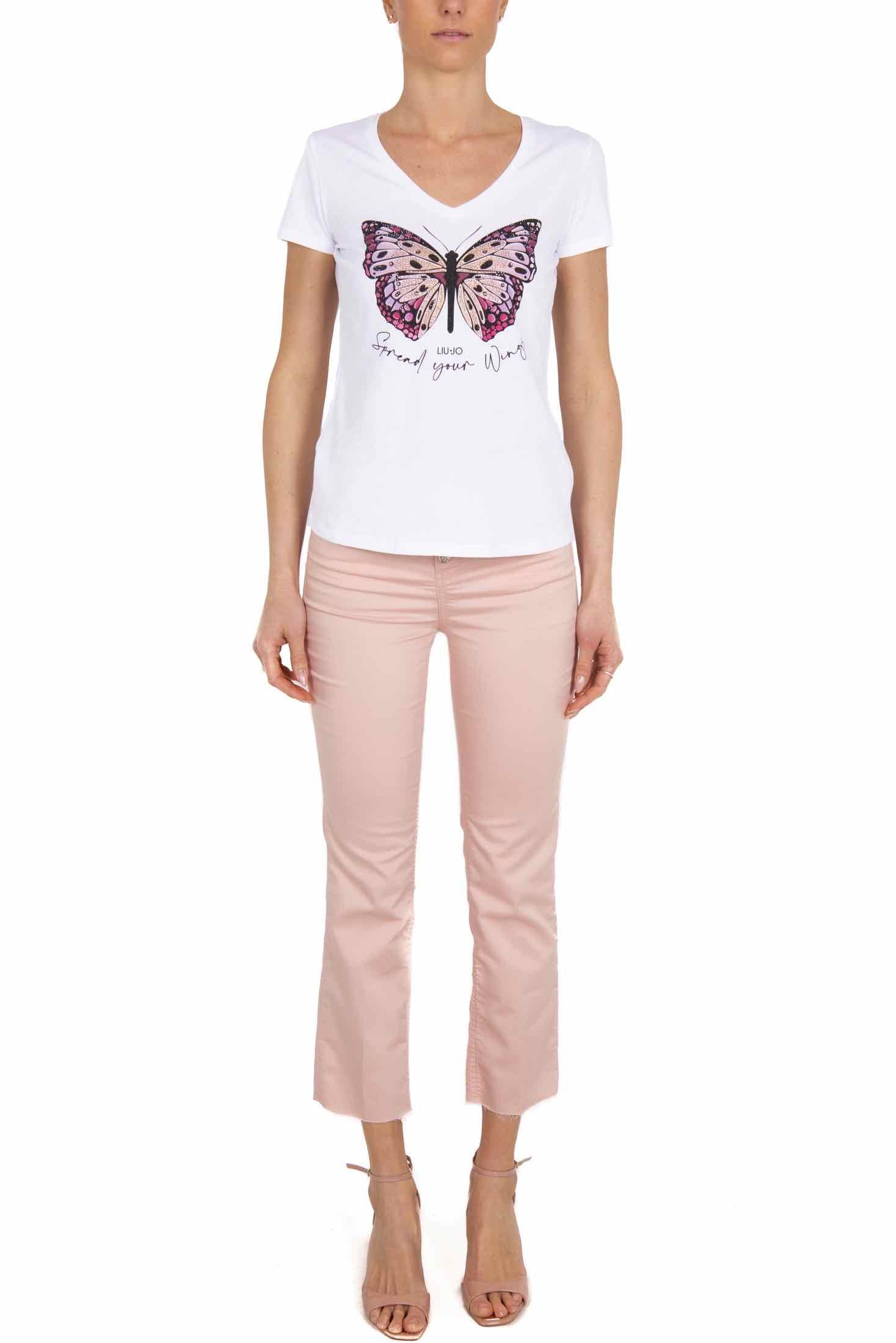 Liu Jo White jeans skinny in popeline con bottoni a vista rosa