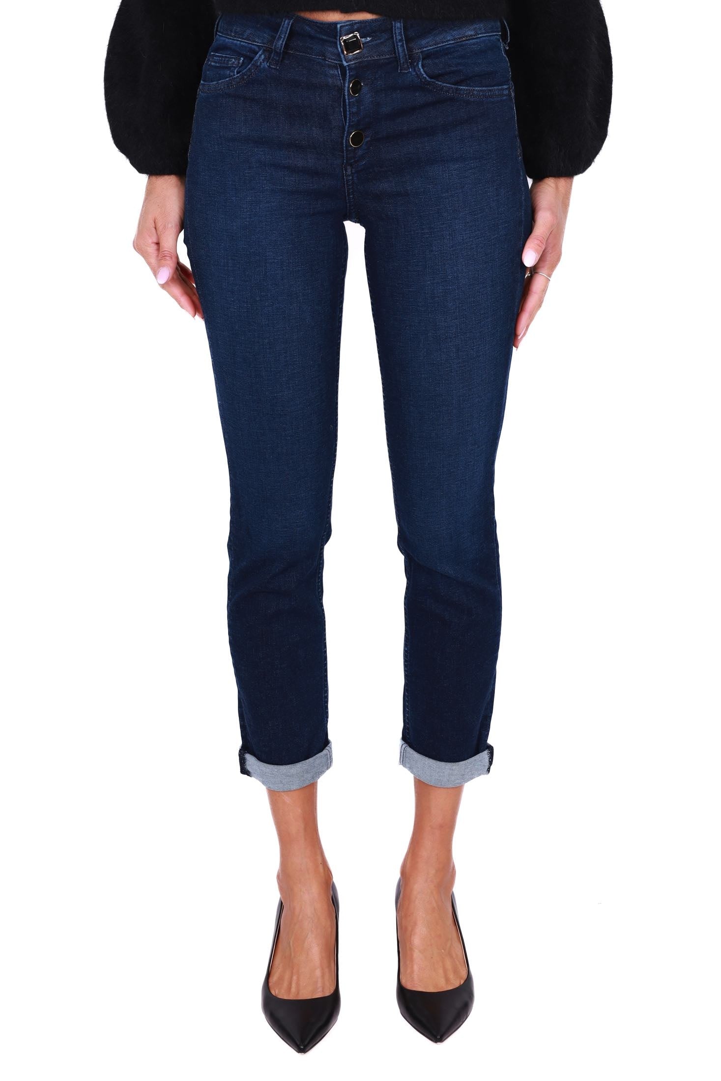 Blu Denim jeans skinny con bottoni gioiello blu