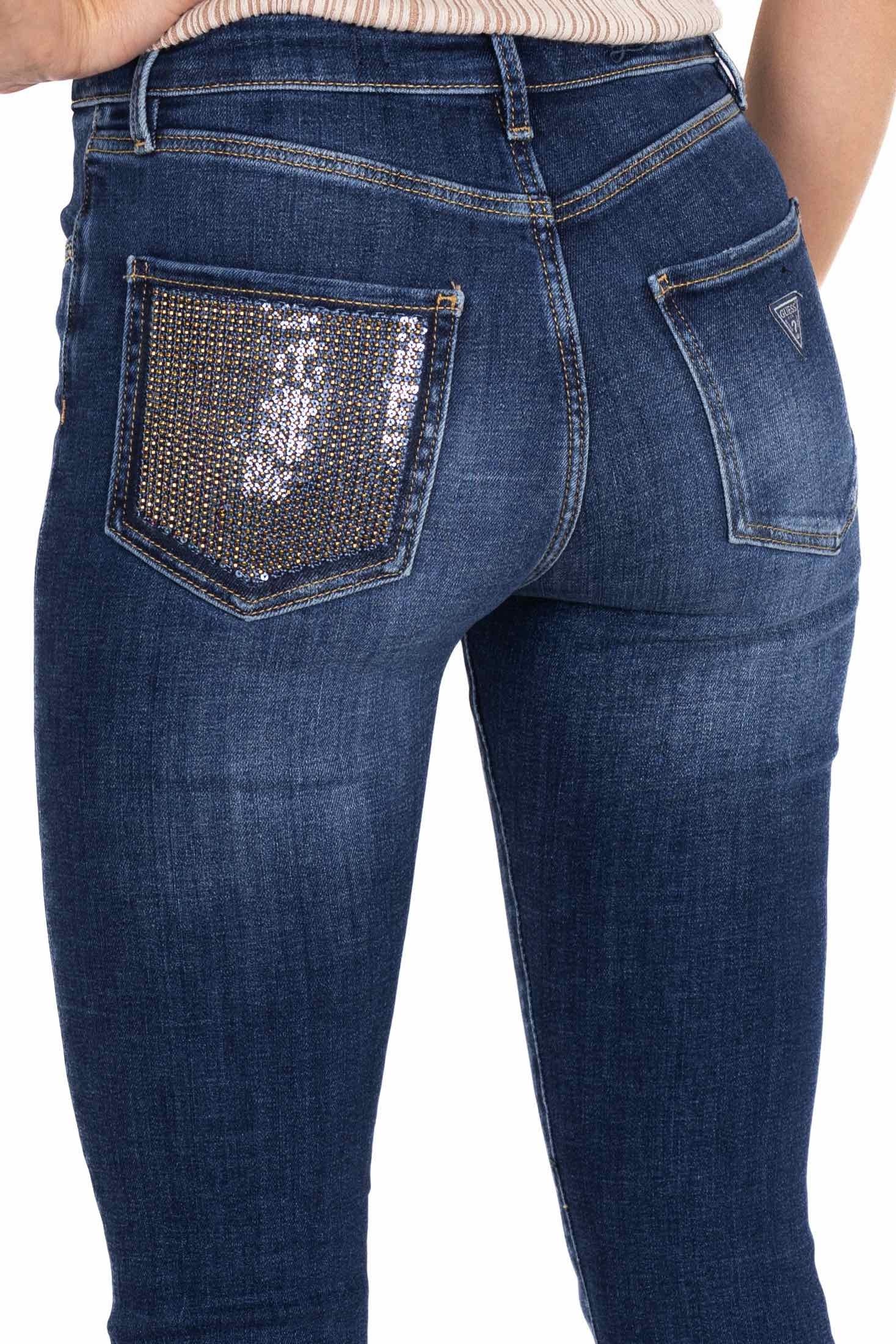 Guess Donna jeans skinny vita alta con pailettes blu