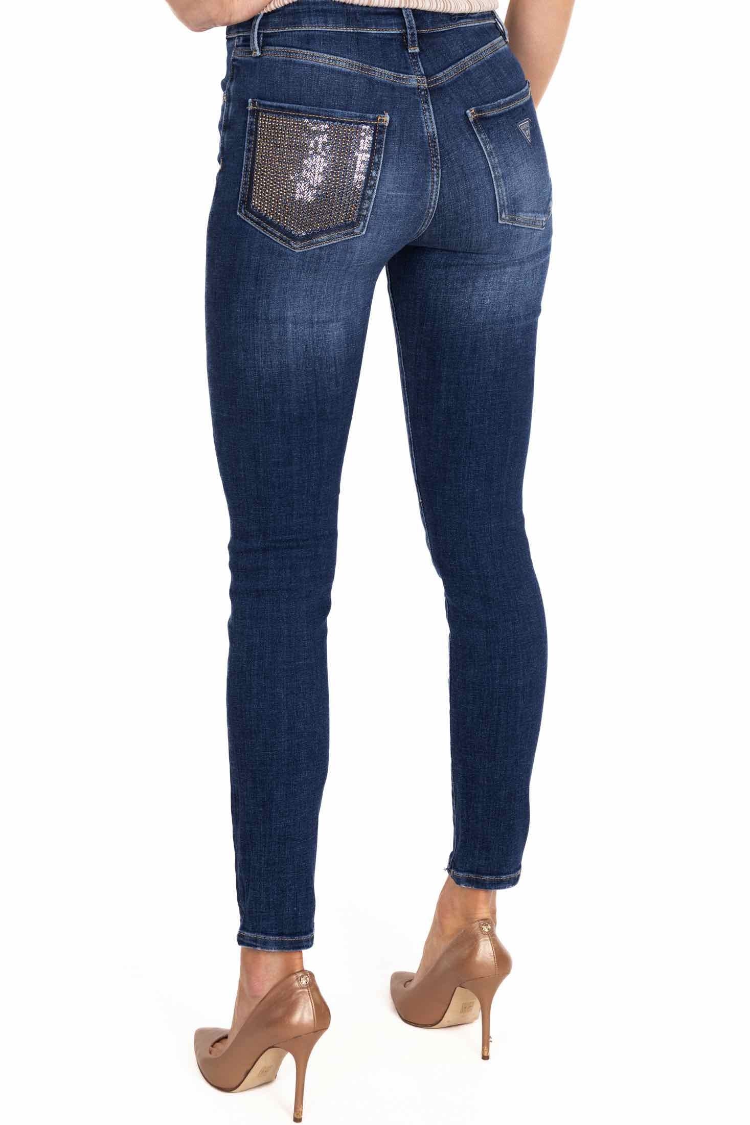 Guess Donna jeans skinny vita alta con pailettes blu