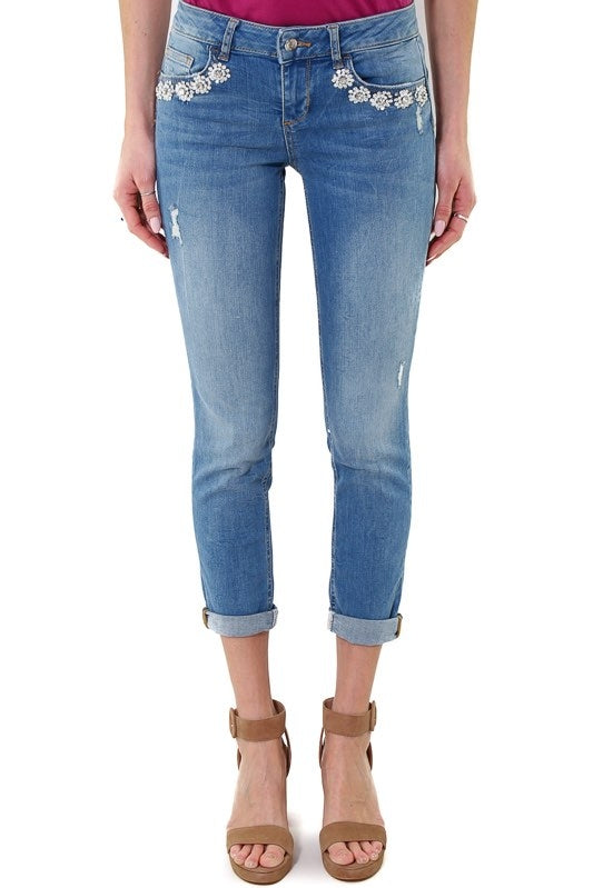 Blu Denim jeans slim con applicazioni gioiello blu