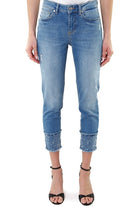 Blu Denim jeans slim vita alta con pietre gioiello blu