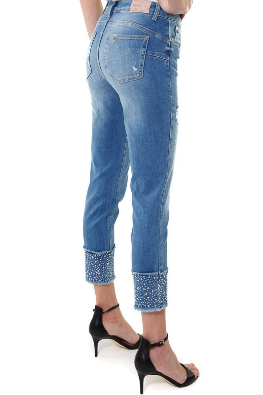 Blu Denim jeans slim vita alta con pietre gioiello blu