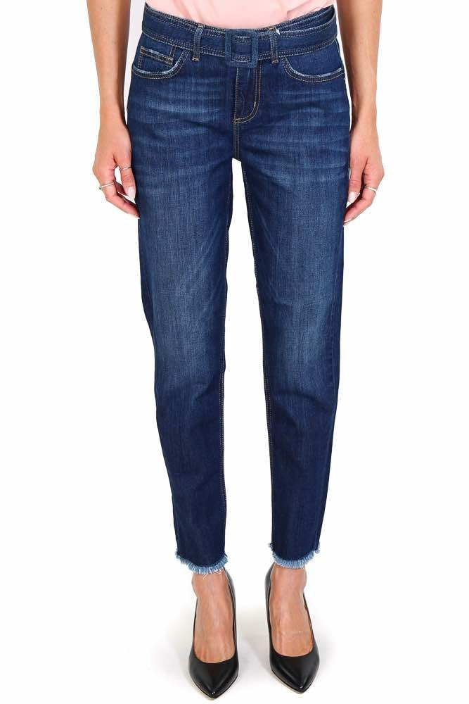 Blu Denim jeans vita alta con cintura e orlo sfrangiato blu