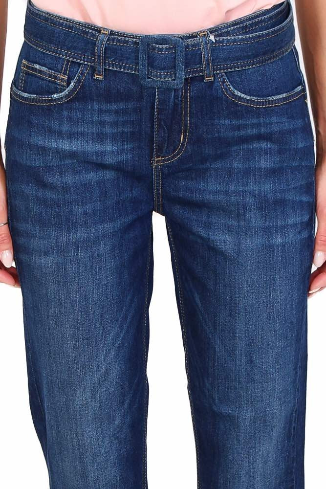 Blu Denim jeans vita alta con cintura e orlo sfrangiato blu