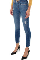 Blu Denim jeans vita alta con rotture e bottone gioiello blu