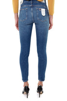 Blu Denim jeans vita alta con rotture e bottone gioiello blu