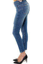 Blu Denim jeans vita alta con rotture e bottone gioiello blu