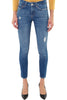 JEANS MIT HOHER TAILLE, RISSEN UND BLAUEM JUWELENKNOPF