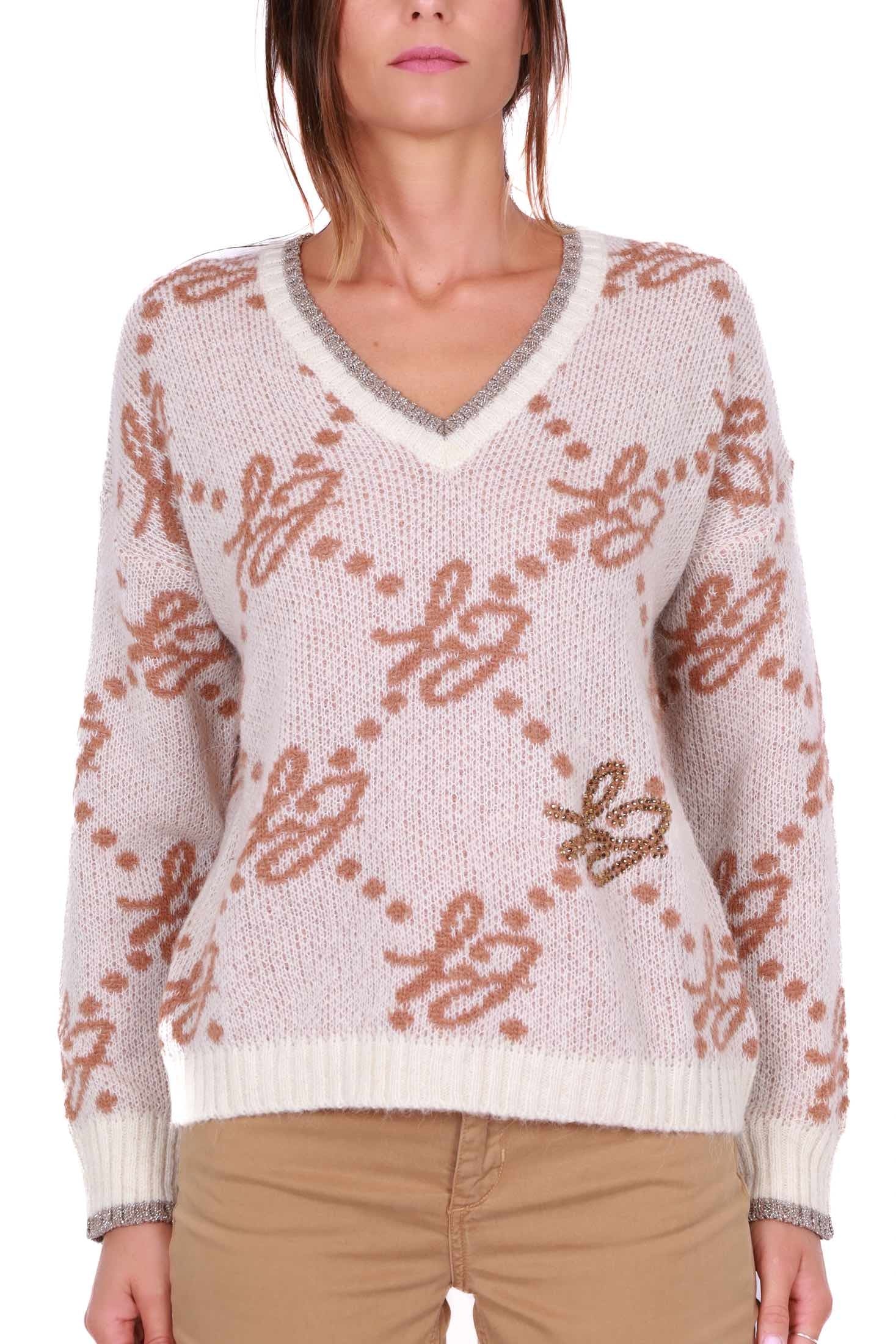 Liu Jo White maglia donna scollo a v in misto alpaca beige