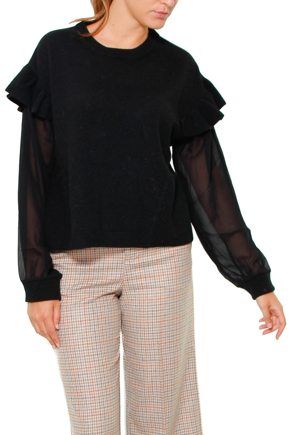 Twin Set Srl maglia in misto cashmere con maniche 3/4 in tulle nero