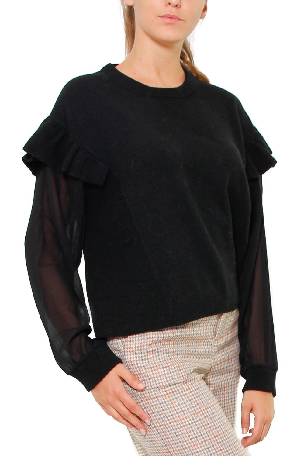 Twin Set Srl maglia in misto cashmere con maniche 3/4 in tulle nero